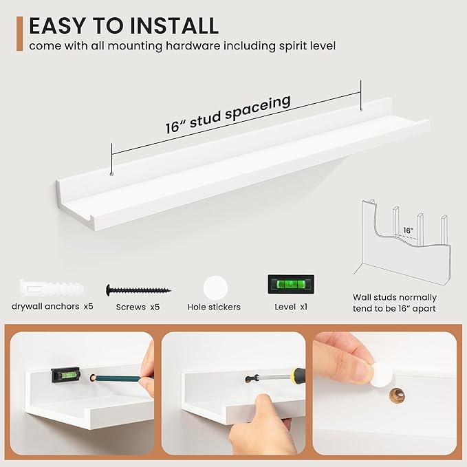 Fun Memories Picture Ledge Shelves Set of 2, 32 Inch Rustic Wall Mounted Floating Shelves with Lip for Home Storage and Décor in Bathroom, Kitchen, Nursery, Bedroom, Living Room, White