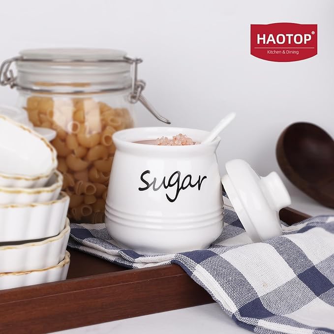 HAOTOP 12oz Sugar Bowl with Lid and Spoon,Ceramic Sugar Jar Sugar Dispenser Sugar Container Coffee Bar Accessories, Kitchen Countertop Canisters, White