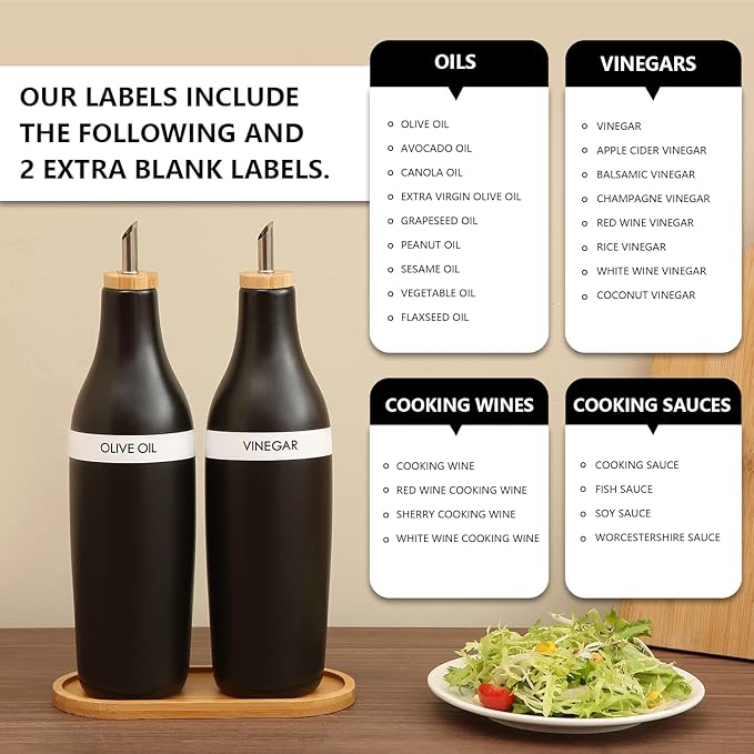 HOMCDALY Olive Oil and Vinegar Dispenser Set, Two 16oz Ceramic Oil Dispenser for Kitchen, Kitchen Dispenser Bottle for EVOO Vinegar Syrups, Modern Farmhouse Design| Set of 2 – Black