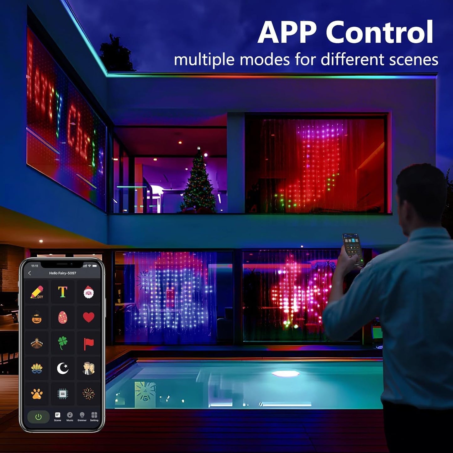 Amposei Smart Curtain Lights, Smart LED Curtain String Lights Outdoor, 540 LEDs Christmas Lights, Dynamic DIY Light, Music Sync Color Changing Fairy Lights with APP Remote Control for Backdrop Bedroom