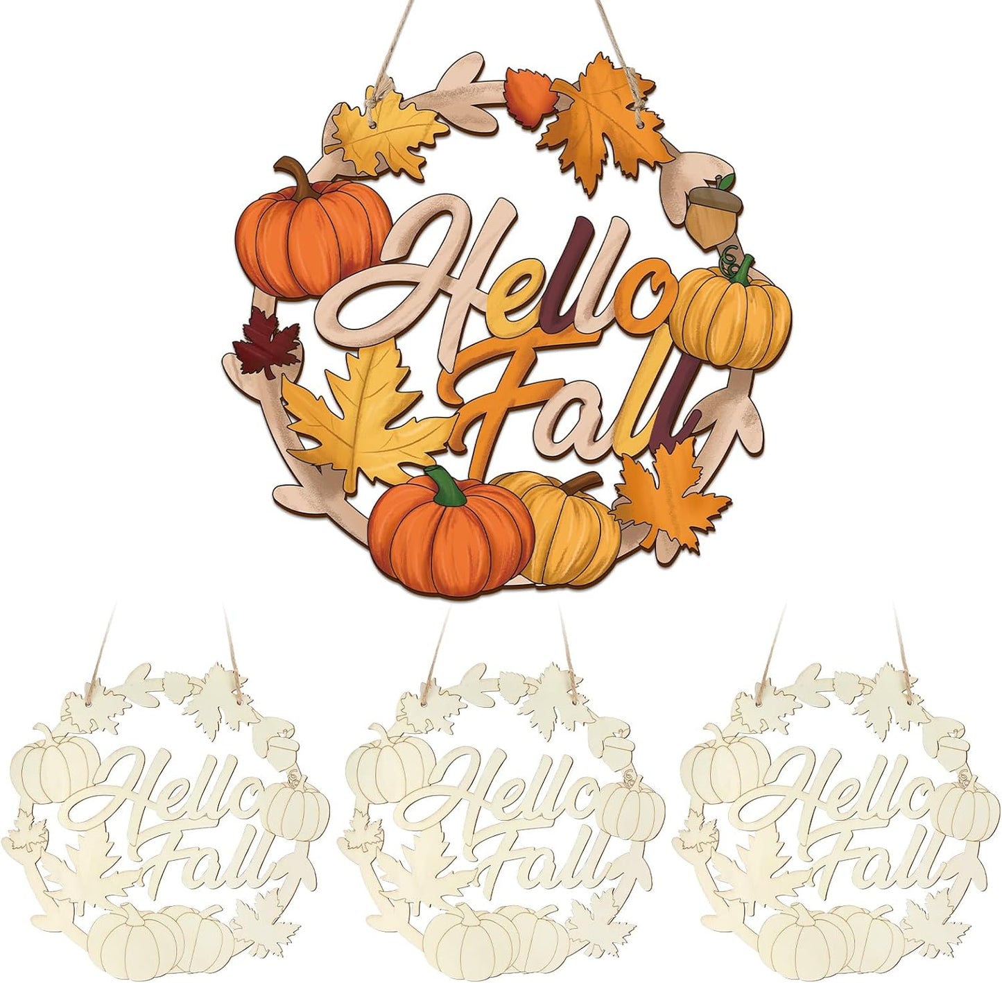 Unfinished Fall Wreaths Wood Crafts to Paint Set of 3, 11" Bulk Autumn Leaves Pumpkin Wreath Ornaments for Painting, Unfinished Wood Cutouts DIY Ornaments for Front Door with Ropes
