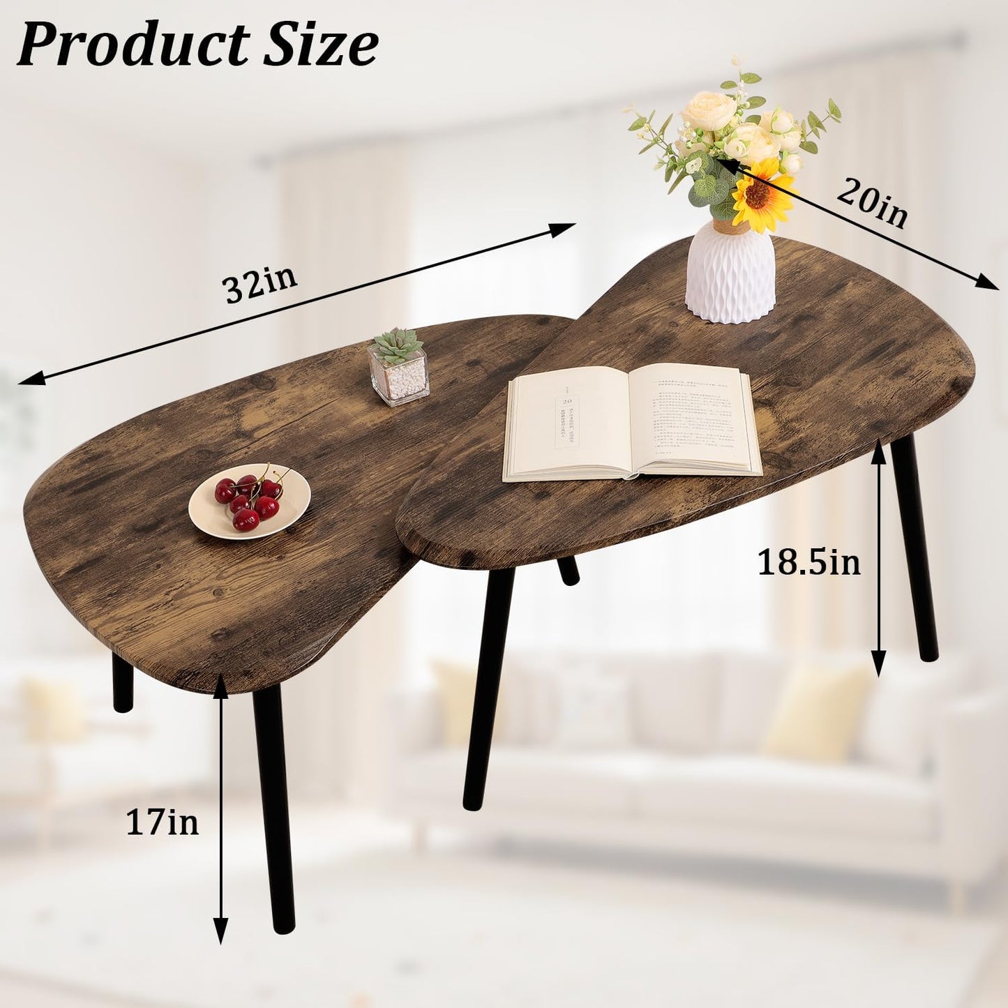 Nesting Coffee Tables, Nested Table with Wooden Legs Set of 2 - Triangle Side Table for Living Room, Bedroom, Minimalist Bamboo, Apartment & Small Spaces, Tiger