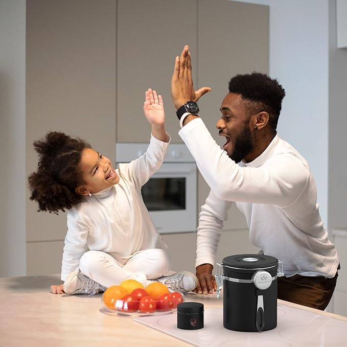 Coffee canister set for ground coffee with Date Tracker,Co2 Valve,Travel jar,Stainless Steel Kitchen Food Airtight storage container for Coffee Beans or Grounds,Tea,Sugar (16oz-Black)