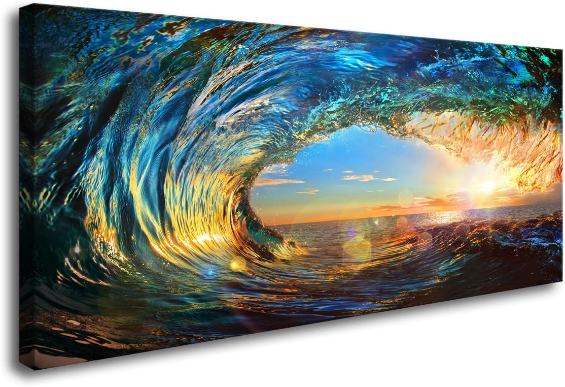 Cao Gen Decor Art S06762 Giant Wave Water Wall Art Canvas Prints 1 Panels Ocean Waves Pictures Paintings Sunset Blue Seascape Framed for Living Room Bedroom Kicthen Office Artwork