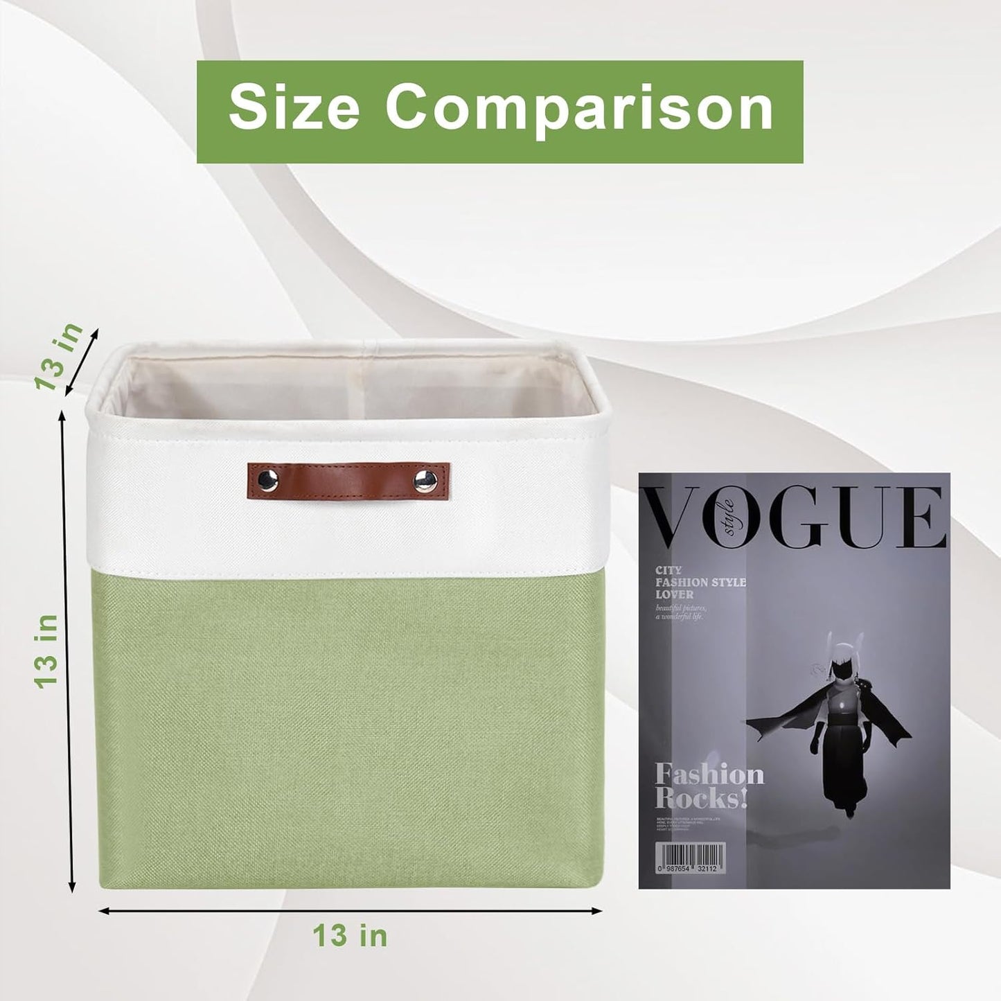 13x13 Cube Storage Bins, Collapsible Fabric Storage Box, 4 Pack Closet Baskets with Handles for Organizing, Shelf, Toys, Clothes, Home, Office, Nursery (Green&White)