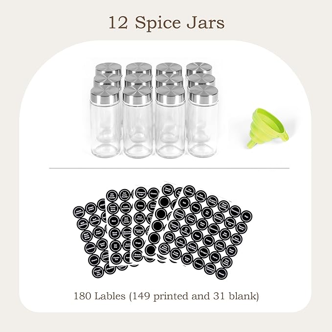 WelFurGeer Bamboo Spice Rack Organizer for Countertop, Revolving Spice Shelf with 12 Glass Jars, Lids & Labels, Desktop Rotating Seasoning Organizer for Kitchens, Space-Saving Design