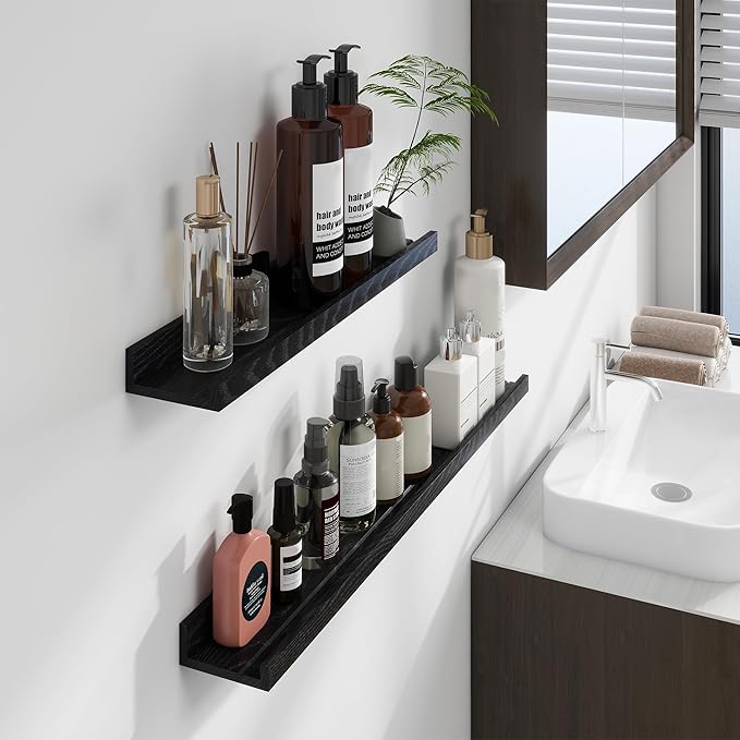 Floating Picture Ledge Shelves 24 Inch Solid Oak Wood Set of 2, Rustic Wall Storage Shelves with Lip, Kids Bookshelf, Photo & Picture Ledge Shelves for Bedroom, Living Room, Kitchen