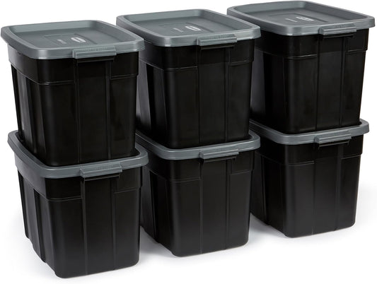 Rubbermaid Roughneck Tote 18 Gal, 6 Pack, Made in USA, Black & Gray, Rugged Plastic Stackable Storage Bins with Lids and Handles
