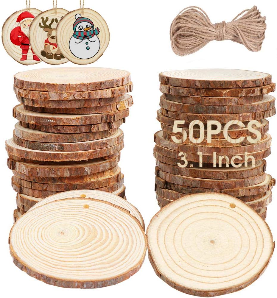 AerWo Natural Wood Slices 50 Pcs 2.7-3.1 Inches Craft Wood Kit Unfinished Predrilled with Hole Wooden Circles Tree Slices for Arts and Crafts Christmas Ornaments DIY Crafts