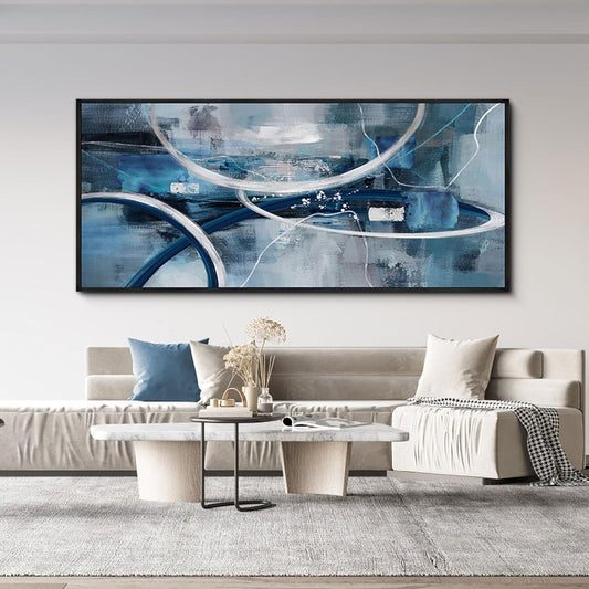 XLSJERST Large Abstract Canvas Wall Decor - 86x39 Inches Modern Living Room Wall Art Elegant Combination of Tones Black and White Gray Background Blue Gradient Picture