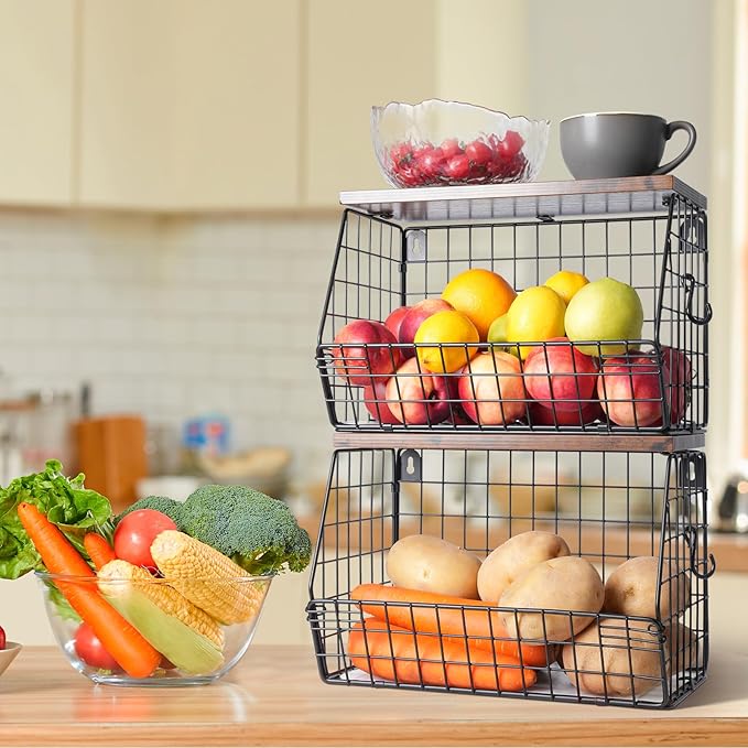 2pcs Fruit Basket Kitchen Storage Basket with Wood Lid, Stackable Wall Basket Fruit Basket for Kitchen, Countertop Organizer for Snack, Fruit and Veggie Storage, 11.8 x 7.9 x 8.5 Inch