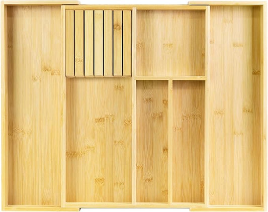 VaeFae Bamboo Kitchen Drawer Organizer, Wooden Utensil Tray with Multiple Compartments, Cutlery and Silverware Storage