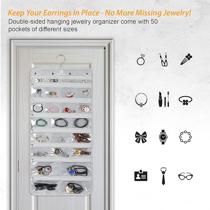 Freegrace Hanging Jewelry Organizer Revolving Hanger - Secure Zipper Closure - 50 Pockets - Foldable Storage & Display Solution - For All Jewelry & Bijoux (Gray)
