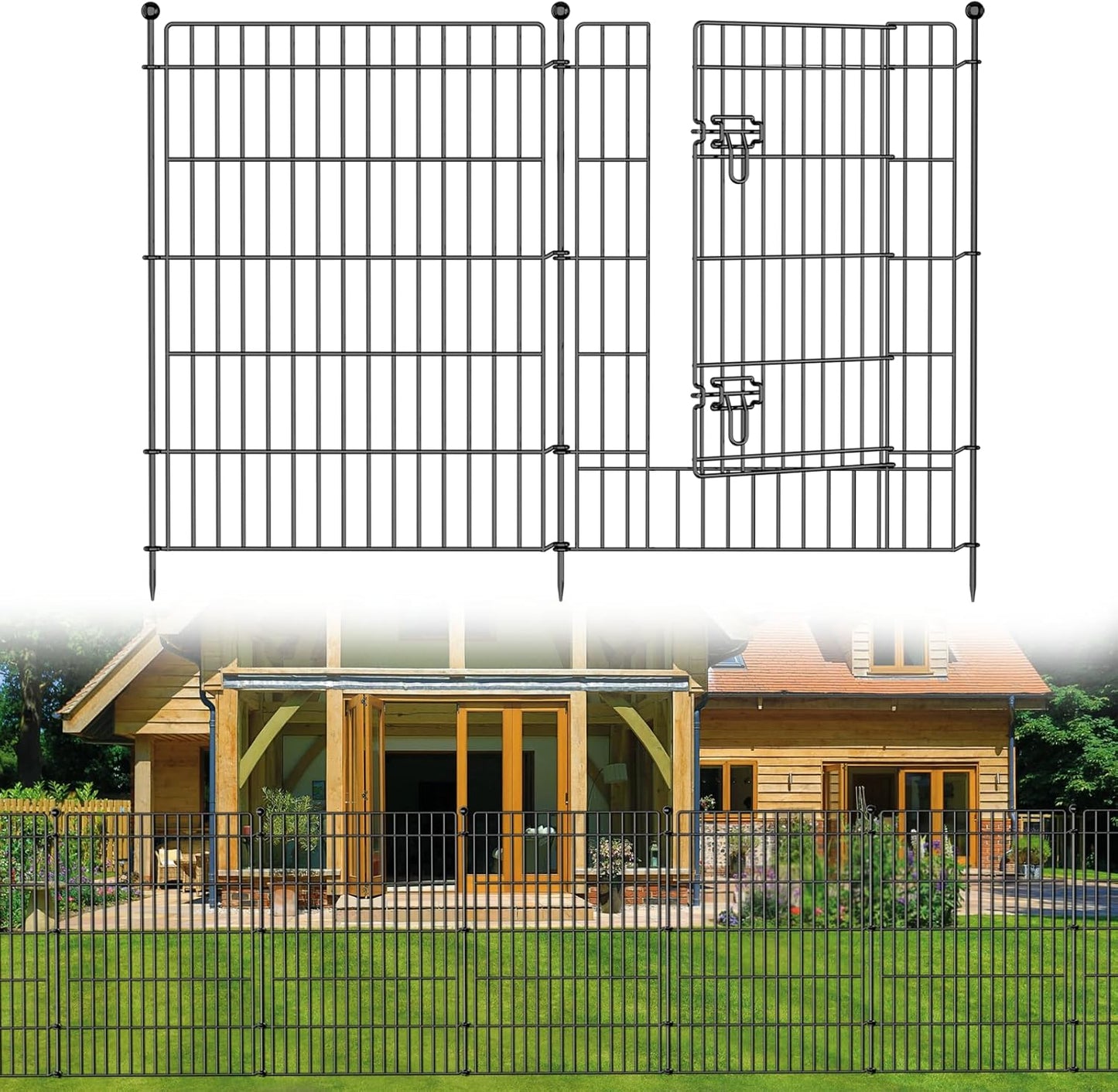 5 Panels No Dig Garden Fence with Gate, 44in(H) × 11.8ft(L) Decorative Metal Outdoor Dog Fence, Rustproof Pet Fencing for Yard, Patio, Flower Bed -Temporary Fencing| Easy to Install