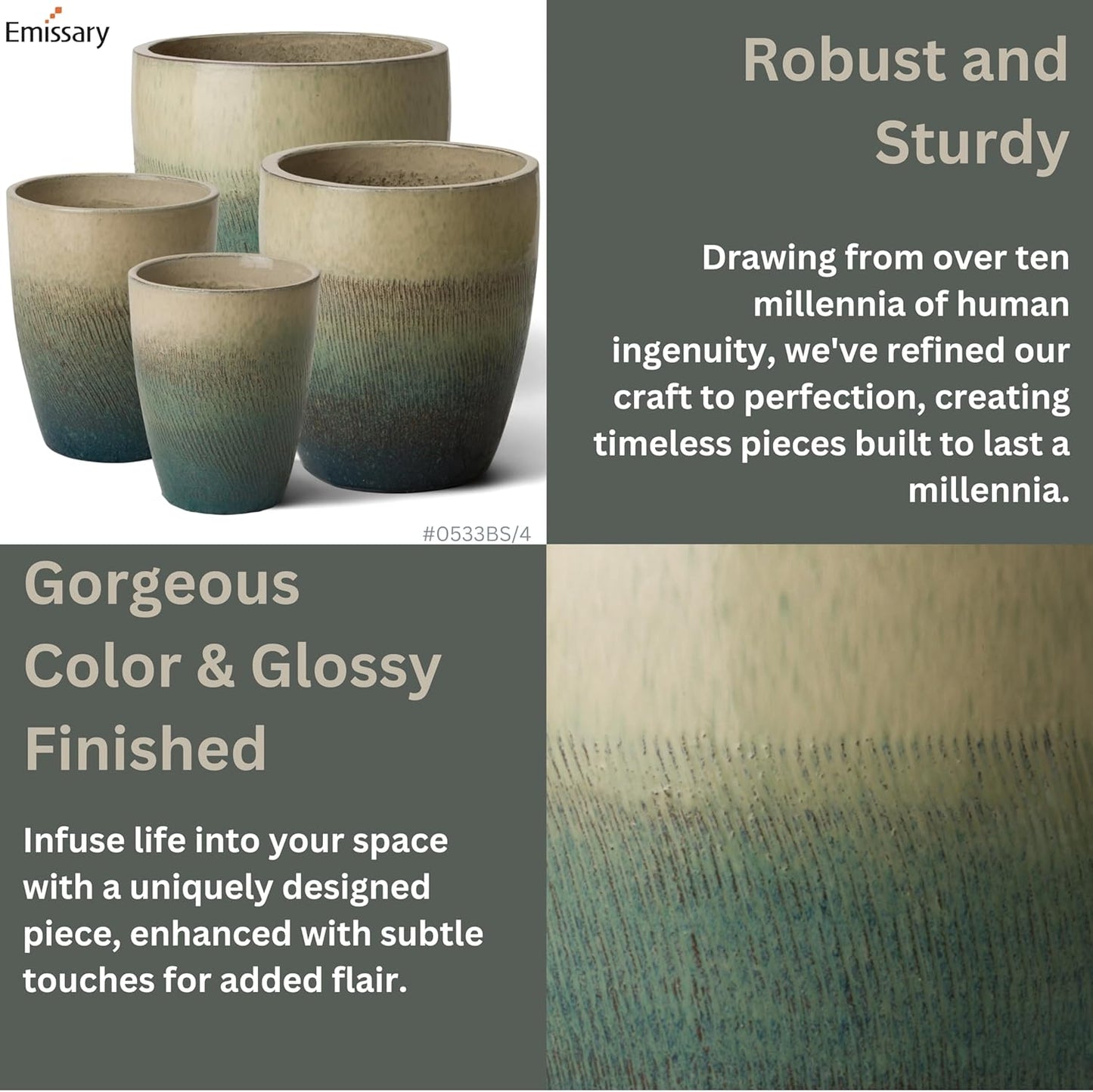 Emissary Bullet 9.5 in. Bayside Green Ceramic Round Planter (9.5 in. L x 9.5 in. W x 12 in. H) with Drainage Hole