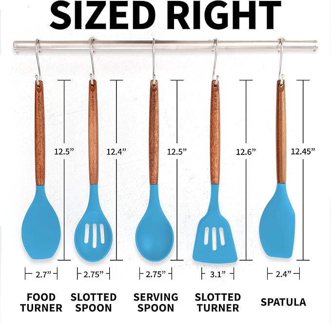 Zulay Kitchen Non-Stick Cooking Utensils Set with Authentic Acacia Wood Handles – 5-Piece Durable & Stylish Silicone Kitchen Utensils Set – Heat Resistant to 464°F – Blue