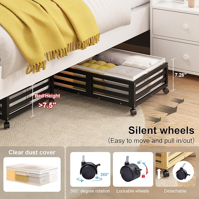 Under Bed Storage Containers With Wheels - 2 Pcs Bamboo Wood Rolling Underbed Shoe Storage Bins With Dust Bags for Clothes Blankets, Duvet Covers Snacks Toys (Black)
