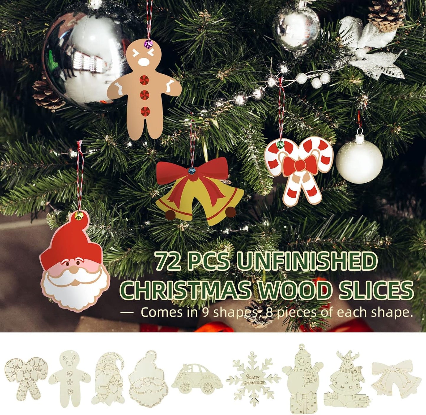 Wooden Christmas Ornaments, 176 PCS Unfinished Predrilled Wood Ornaments Set with 72 Blank Wood Slices in 9 Styles, 90 Bells and 12 Color Pens for Kids DIY Crafts and Christmas Hanging Decoration, A