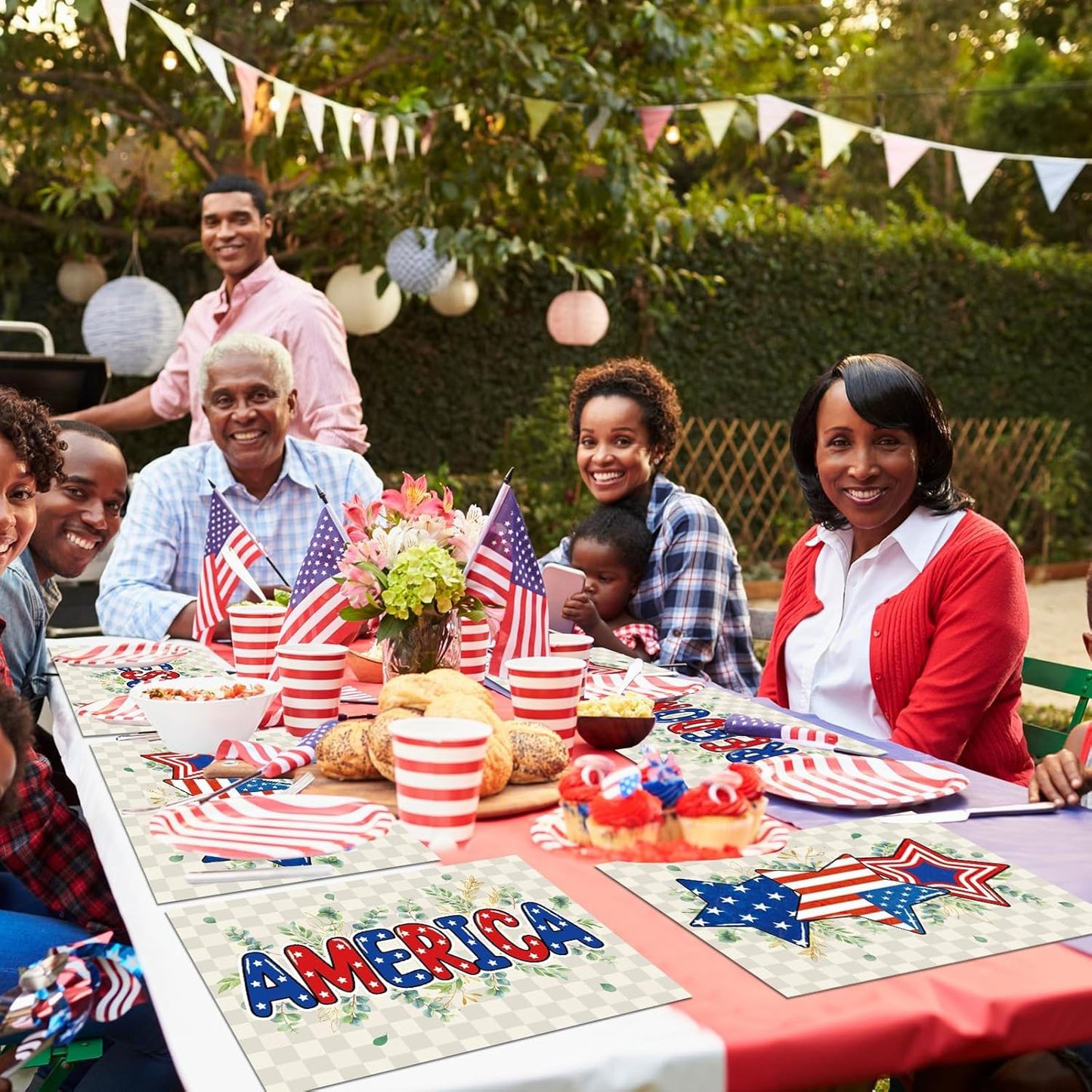 Veterans Day Placemats Set of 6 4th of July Patriotic American Flag Stars Plastic Table Mats Eucalyptus Election Day Memorial Place Mats Table Decoration for Indoor Outdoor Party Kitchen Dining