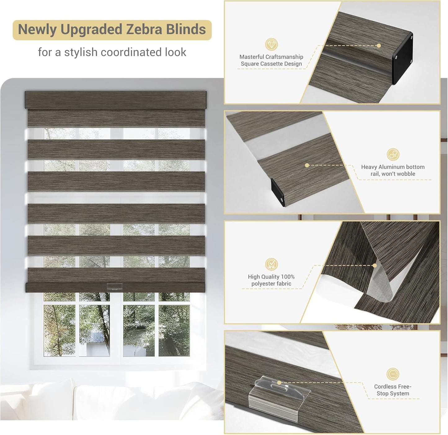 Cordless Zebra Blinds for Windows, Blackout Interior Blinds,Easy to Install,UV Protection,for Offices and Home,Custom Roller Shades, Mousse Dark Bown,51" W x 64" H