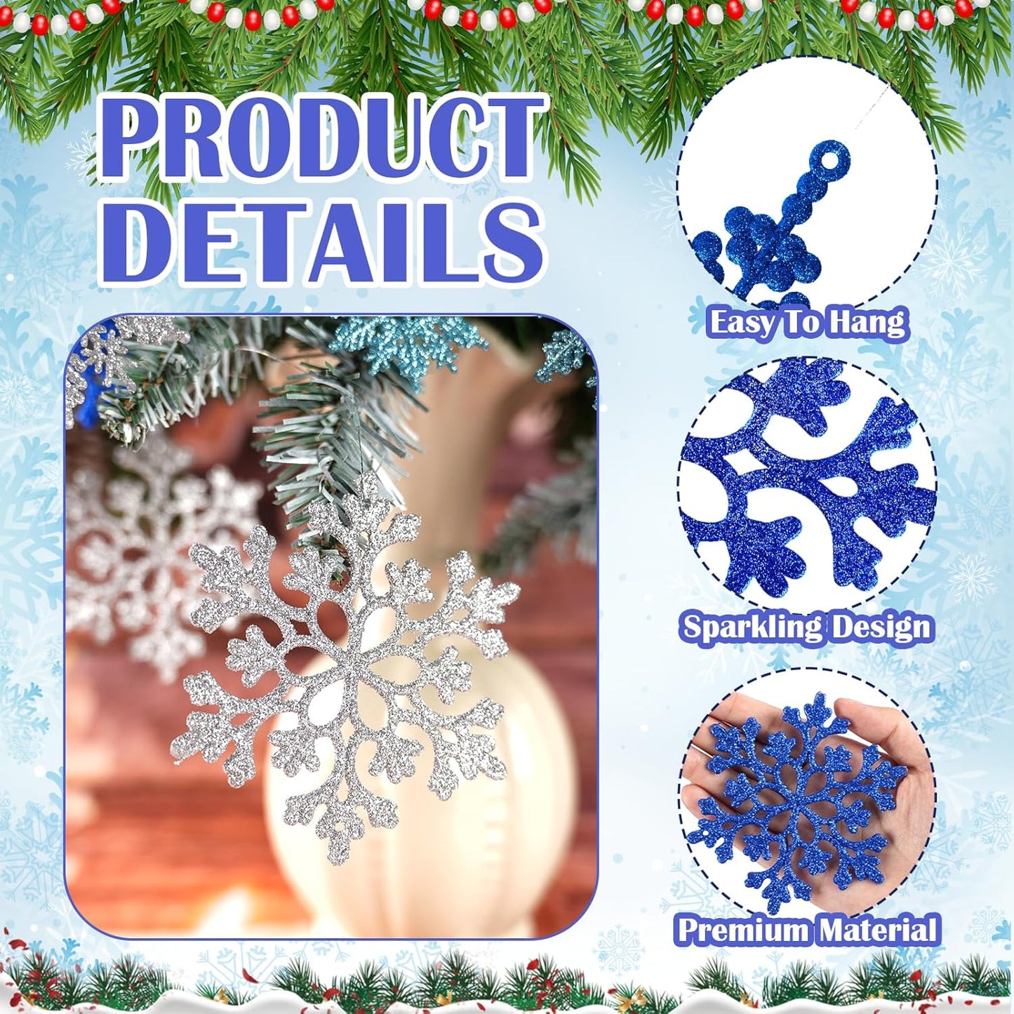36pcs Blue Silver Christmas Snowflake Ornaments, Plastic Glitter Hanging Snow Flakes for Christmas Tree Decorations Winter Wonderland Frozen Birthday Party Home Decor Craft Snowflakes