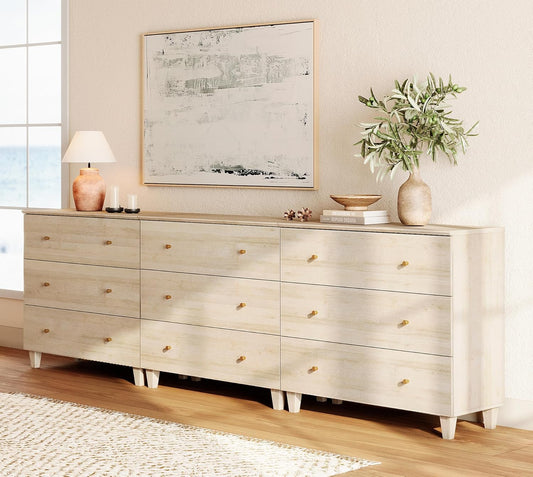 WAMPAT Dresser with 9 Drawers, Bedroom 3-in-1 Wide Wooden Chest of Drawers, Modern Long Dressers Closet Storage Organizer w/Solid Wood Legs for Living Room, Kids Room, Nursery, Light Oak, 106 Inches