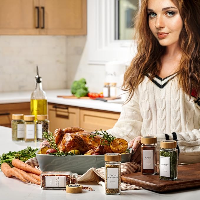 Set of 24 Glass Spice Jars with Various Labels, Bamboo Shaker Lids & Funnel, Kitchen Storage Jars with Airtight Lid, Spices & Seasonings Sets Organizer, Spice Containers, Glass Jar Food Canister