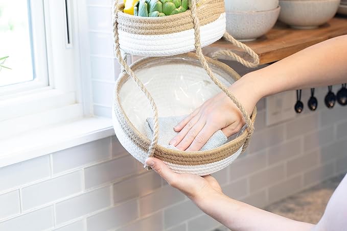 CEDAR+PINE 3-Tier Lined Hanging Fruit Basket Natural Woven Cotton with Strong Jute Rope Hanger in Gift Box Modern Hanging Basket for Kitchen