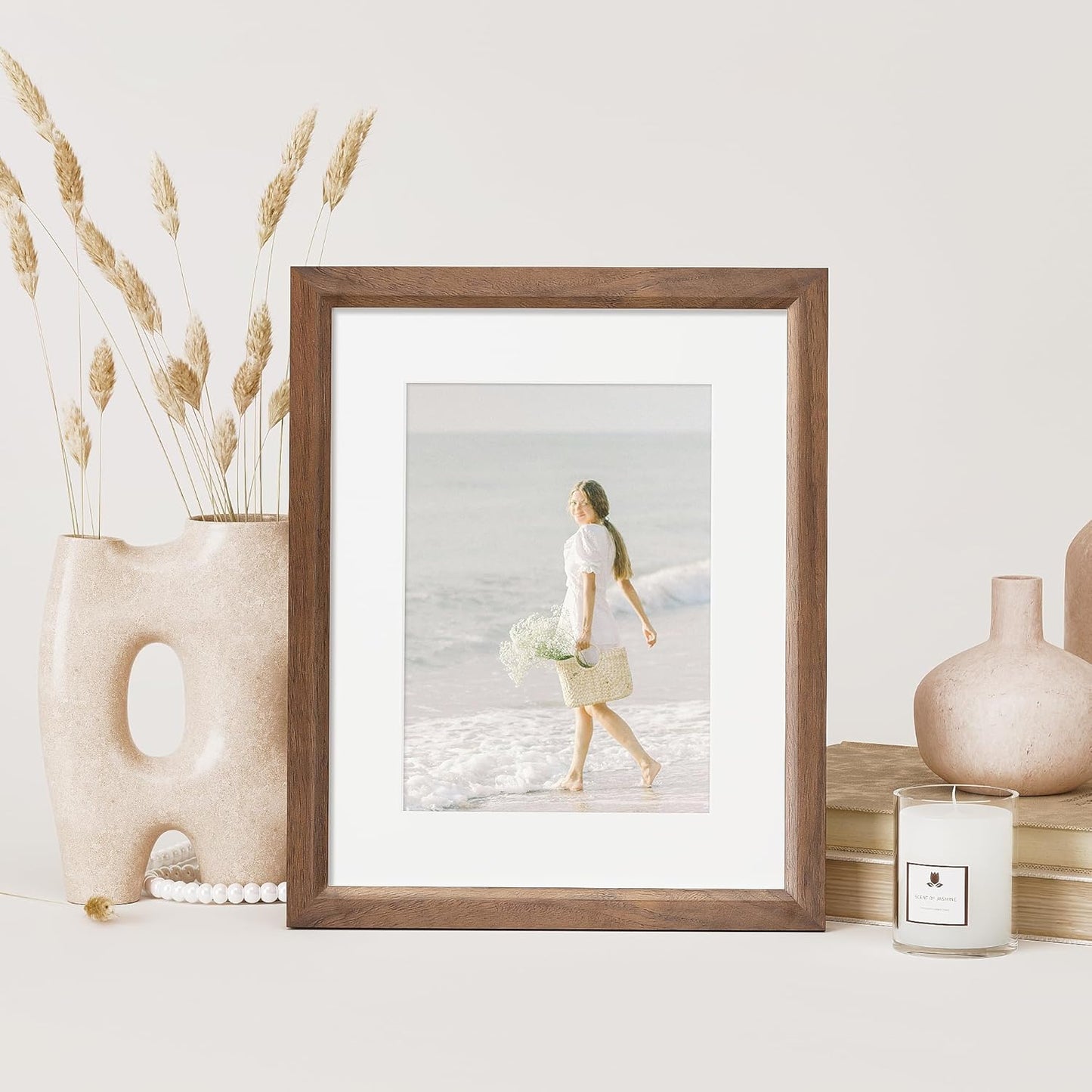 8x10 Picture Frame Set of 4 Natural Solid Walnut Photo Frames with 5x7 Removable Mat Wall Hanging Large Handcrafted Frame with HD Plexiglass Wall and Tabletop Display Large Poster Frame