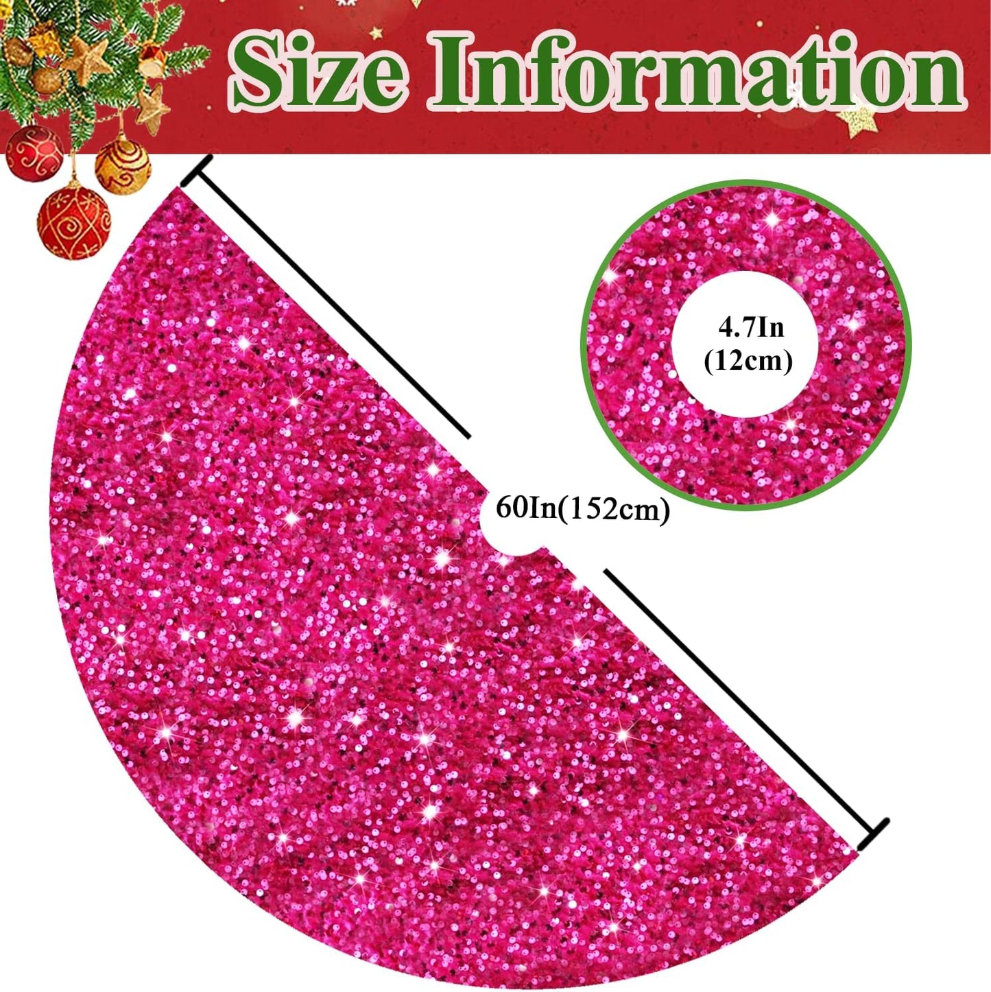 MODFUNS Glitter Christmas Tree Skirt Hot Pink Sparkly Tree Skirt 60 Inch Christmas Tree Mat Large Sequins Xmas Tree Skirt Rustic Shiny Tree Carpet Velvet Tree Cover Skirt for Xmas Celebration Decor