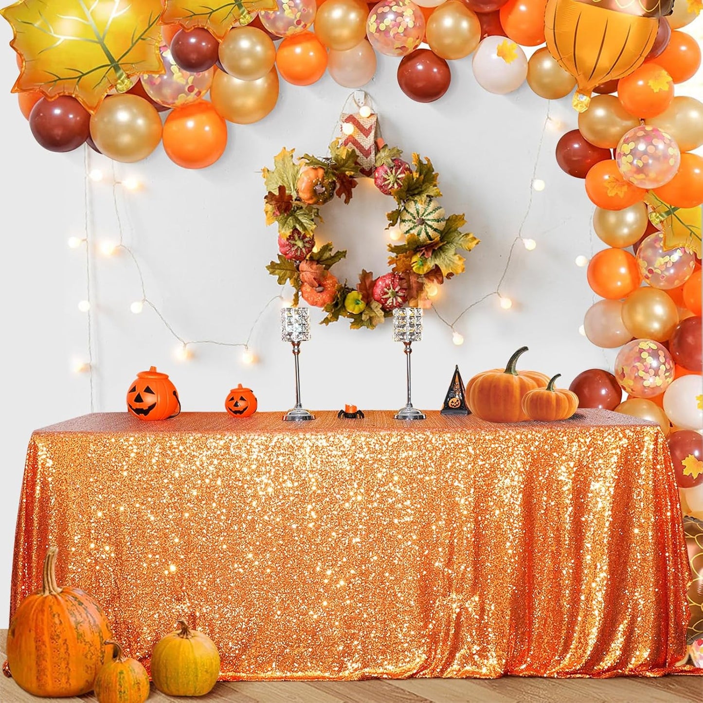 SquarePie Sequin Tablecloth 50 x 72 Inch Orange Sparkly Table Cloth for Halloween Thanksgiving Party Decoration