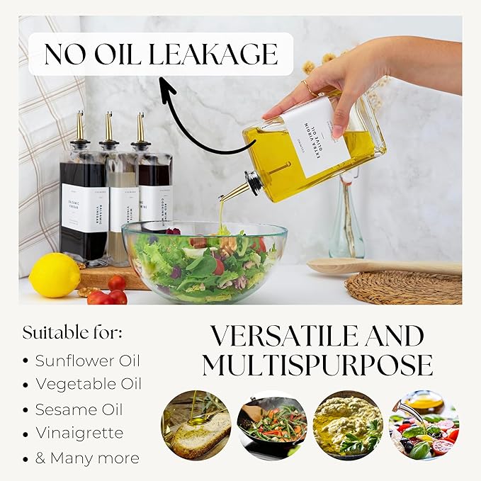 Premium Glass Olive Oil Dispenser Bottle 350ml | Cooking Oil and Vinegar Dispenser | Oil Dispenser for Kitchen with Gold Pourers, Funnel, Brush & 36 Labels (4 Pack)