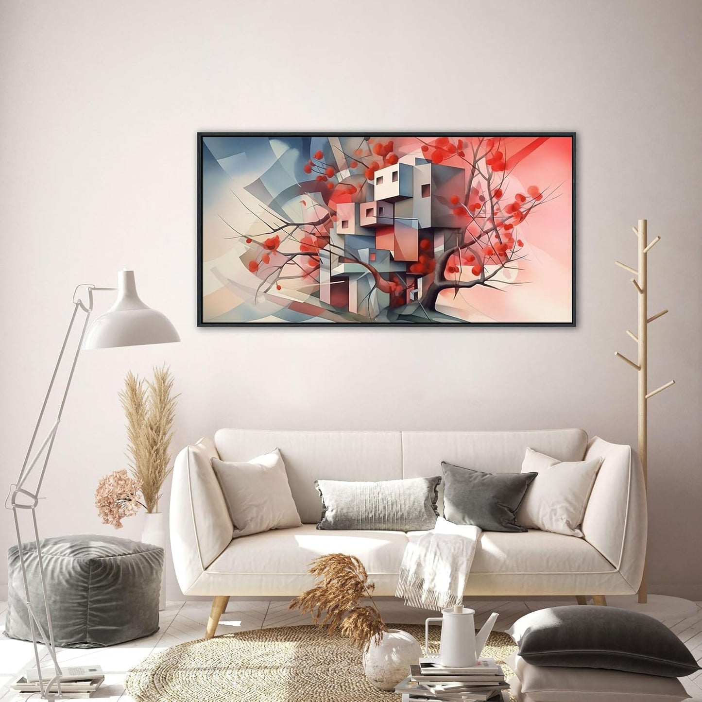 QZQCBLC Abstract Canvas Wall Art, Pink Geometry Ultra Modern Gallery Wall Pictures Grey Tree House Canvas Paintings Framed Artwork for Living room Bedroom kitchen Bathroom Home Decor 20x40 IN