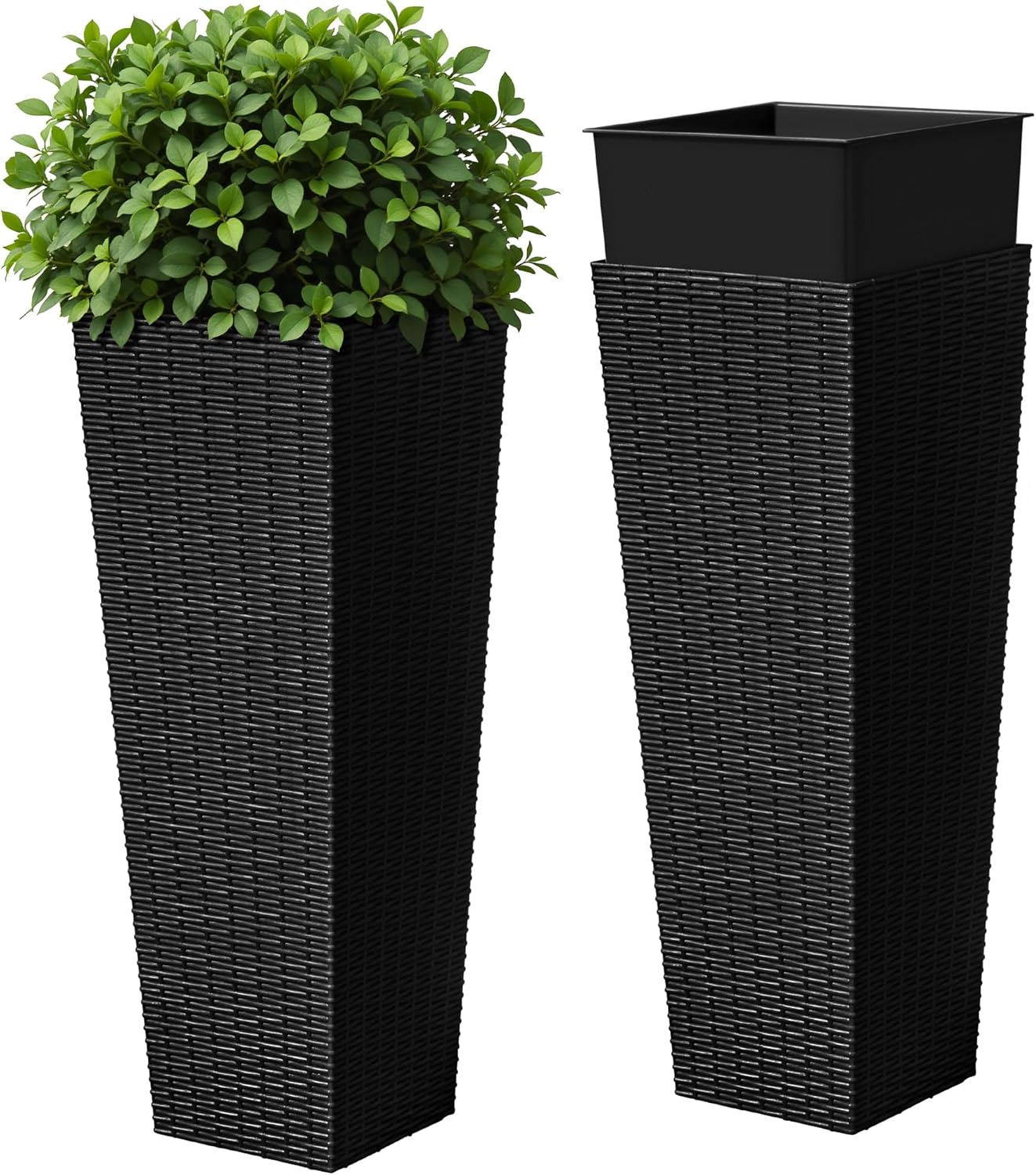Devoko Resin Tall Planters for Outdoor Plants Set of 2, Large Taper Outdoor Planter Pots with 4 Drainage Holes, Flower Pots Modern Decor for Porch, Patio, Backyard, Home Garden (Black, 32")