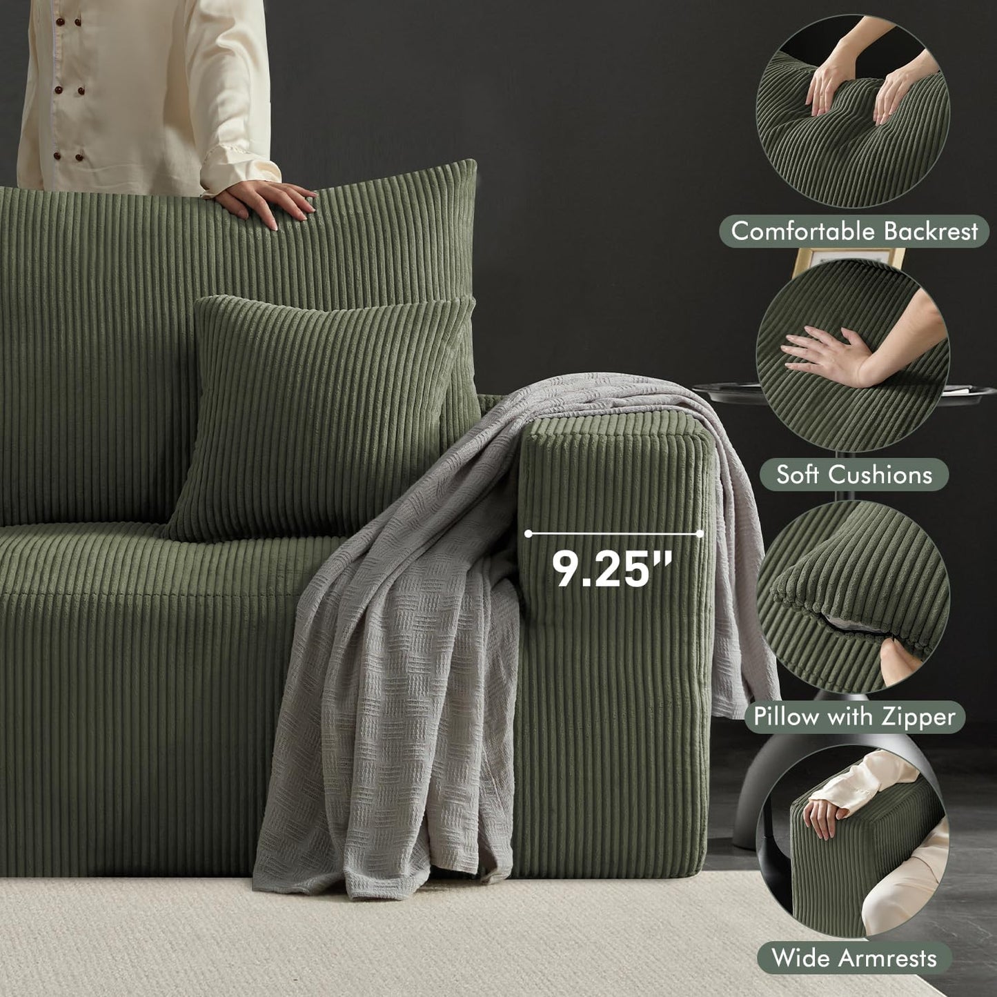 Boneless Cloud Couch Sofa for Living Room, 112" 3 Seater Green Modern Lounge Sleeper Couch, No Assemble, Cordury Compression Upholstered Couches