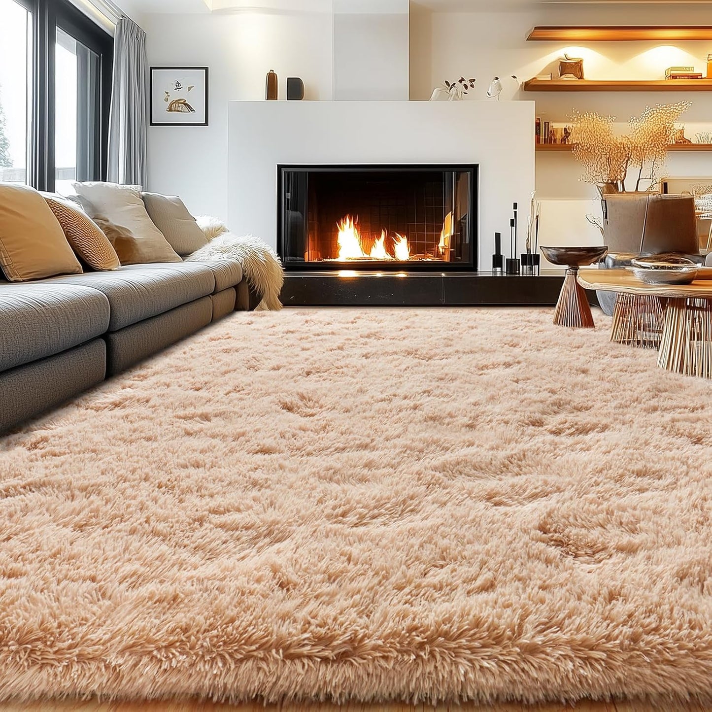 Rezutan Fluffy Rug for Living Room Bedroom,Soft Large Comfy Modern Shaggy Fuzzy Kids Rug for Living Room, Plush Indoor Nursery classroo Home Decor Bedside with Non-Slip Bottom,Camel, 8X10 Feet