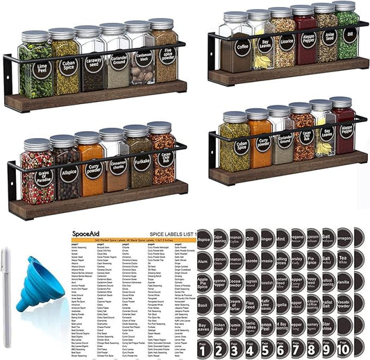 SpaceAid Spice Rack with 24 Spice Jars, 386 Spice Labels, Chalk Marker and Funnel, Wood Hanging Seasoning Shelf for Cabinet Door or Wall Mount (4 Pack)