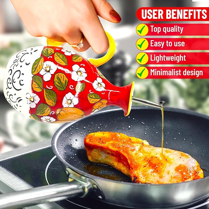 Hand-Painted Ceramic Olive Oil Dispenser Bottle – 40oz Decorative Stoneware Cruet with Stainless Steel Pour Spout – Elegant Kitchen Oil & Vinegar Container, Ideal for Coffee Syrups & More