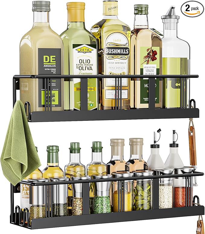 Spice Rack Wall Mounted 2 Pack, Space-Saving Spice Organizer for Spice Jars and Seasonings,Screw or Adhesive Hanging Spice Rack Organizer for Your Kitchen Cabinet,or Pantry Door