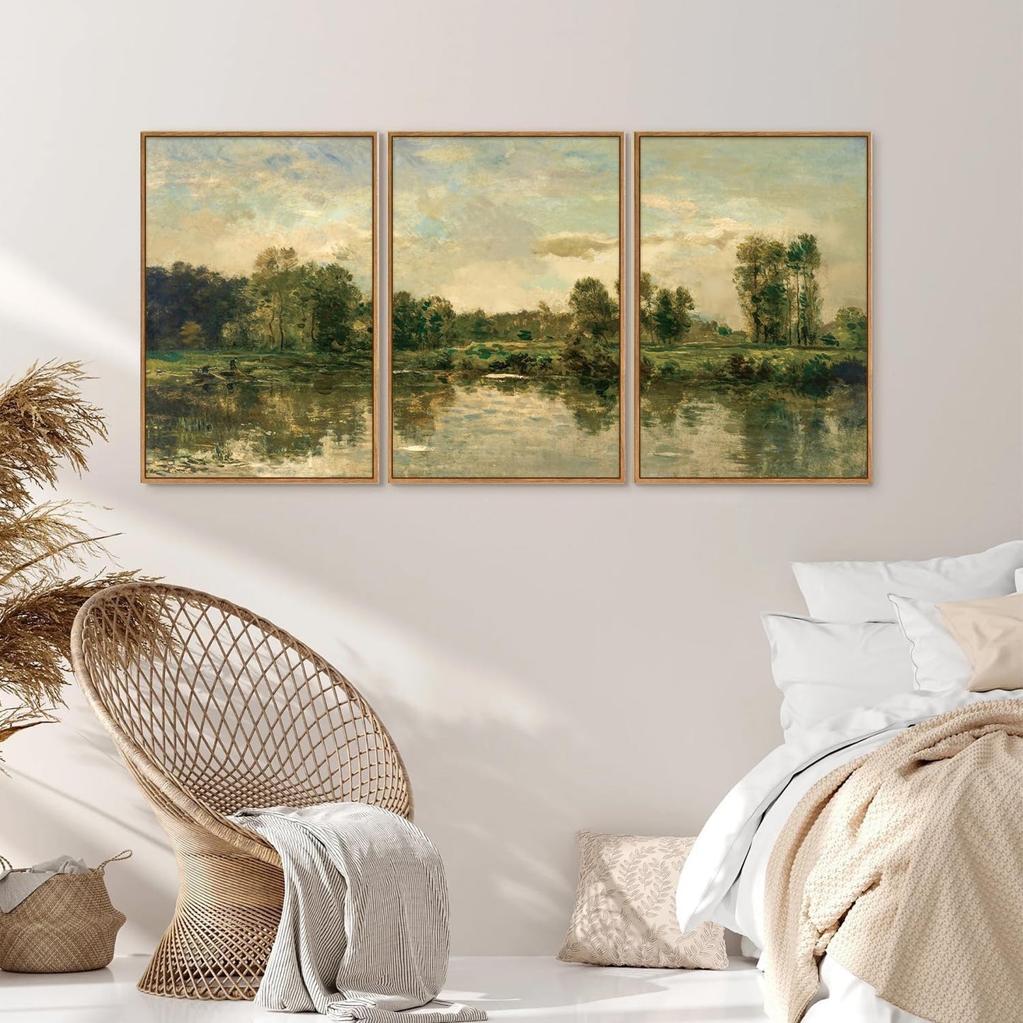 Tinonedraw Vintage Landscape Framed Canvas Wall Art Set of 3, French Country Art Prints, Nature Green Trees and Lake Art Paintings, Rustic Aesthetic Wall Decor for Living Room Bedroom Office 16"x24"x3