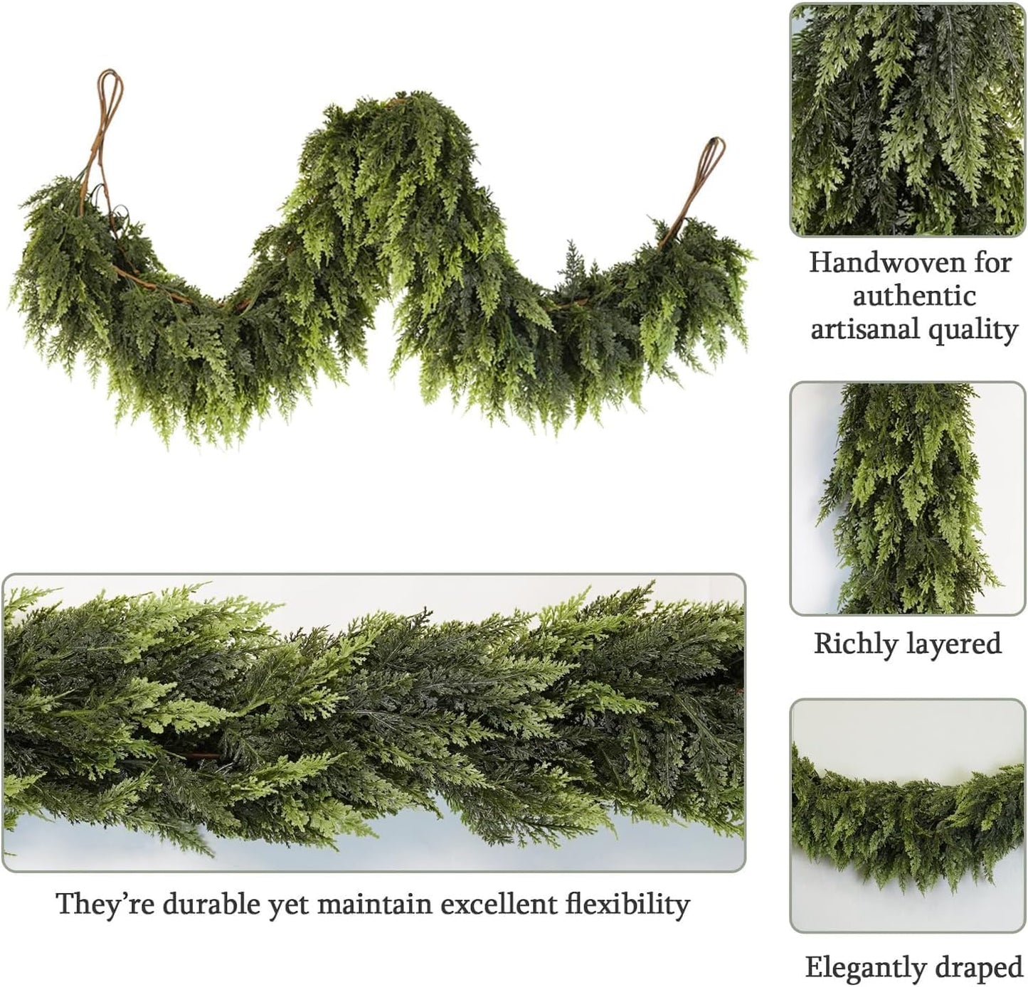 6 Ft Artificial Cedar Garlands – Real Touch Winter Greenery, Realistic Artificial Cedar Tree Christmas Pine Garland Decorations for Table Mantle Wall Indoor Fireplace Holiday Party (6ft, 2)