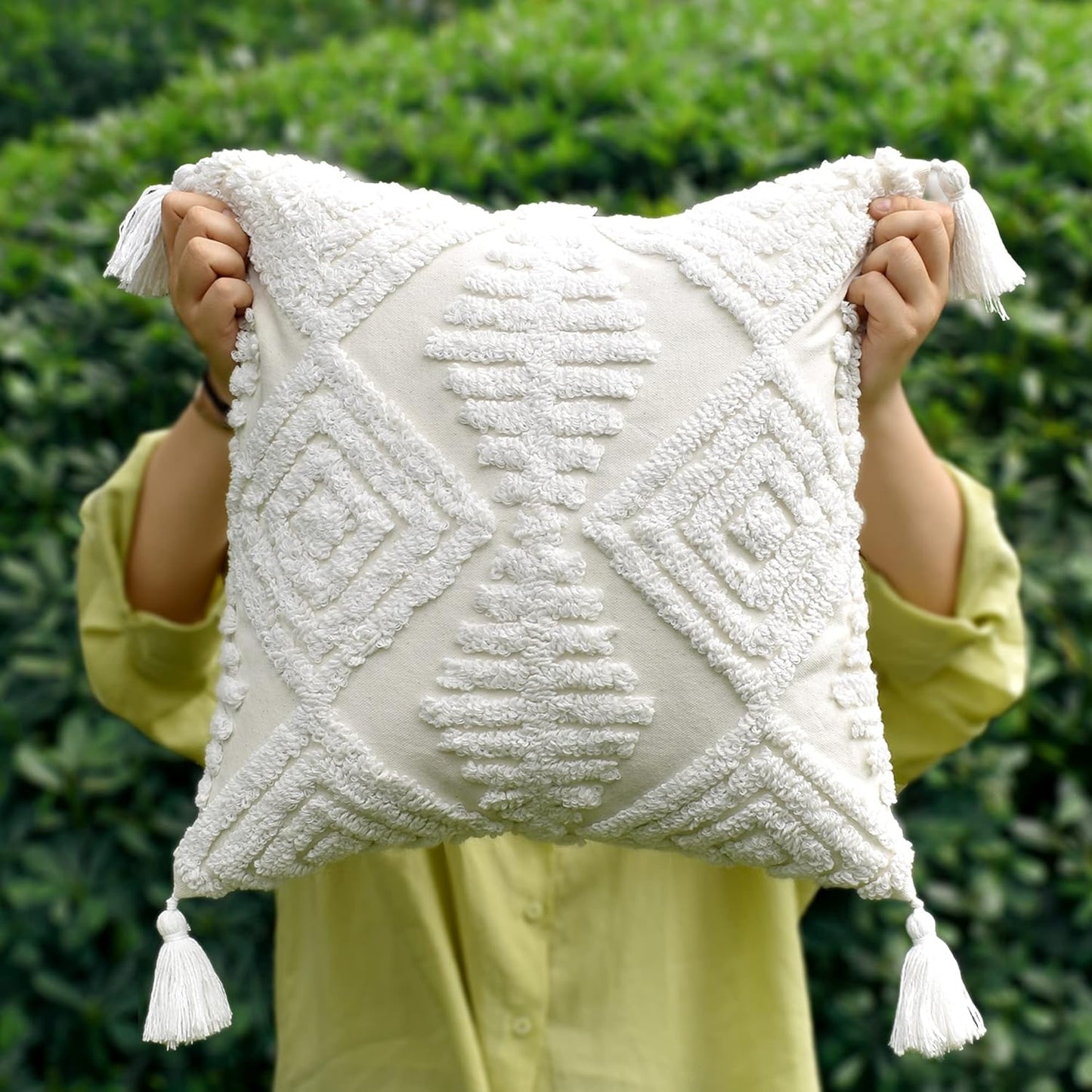 Boho Style Sofa Throw Pillow Covers – Exquisitely Crafted with Hand-Finished Tuft with Thick Cotton Tassel Details – Soft & Stylish Moroccan Decorative, 20x20inch (Spring Ruched)