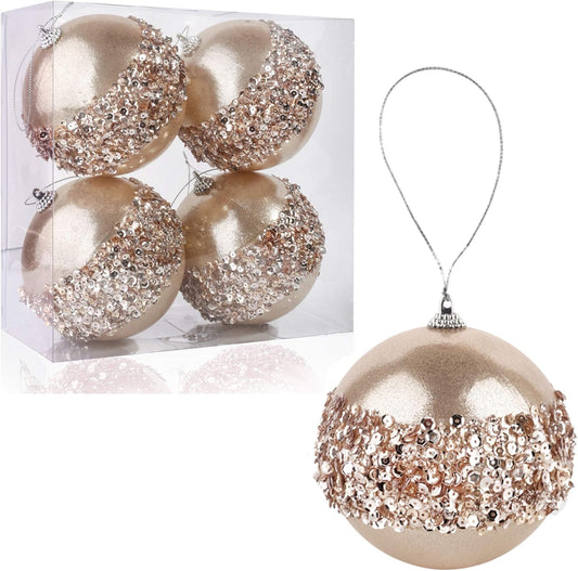 4pc Champagne Shatterproof 4" Christmas Ball Ornaments for Trees, Weddings, Holiday Decor