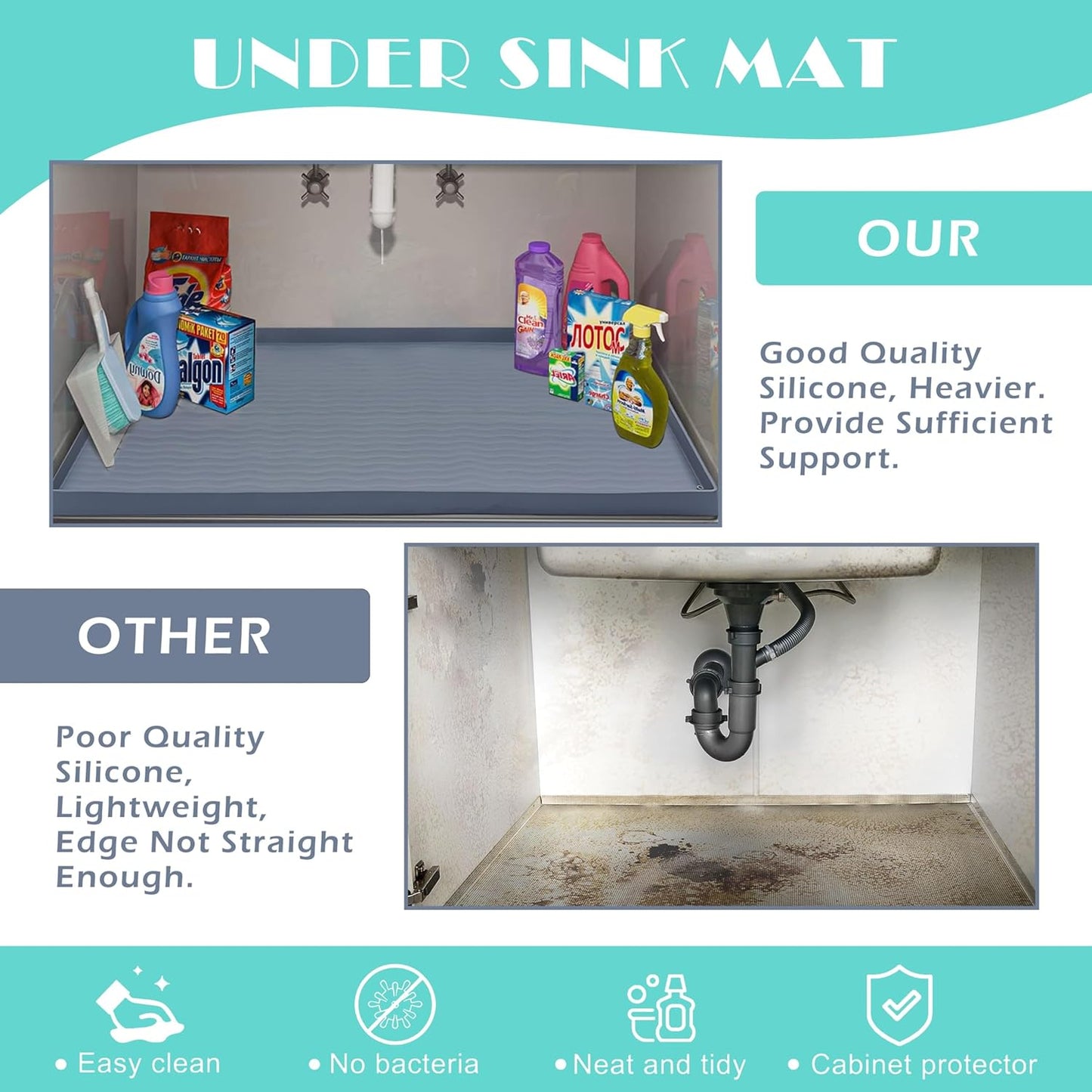 URMONA Waterproof Silicone Under Sink Mat 19'' x 12'' Shelf Liner for Kitchen and Bathroom, Cabinet and Counter Protector, Storage and Organizers, Litter Mat, Pet Cat Puppy Essentials(Black)