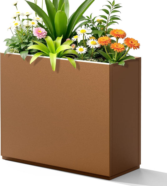 FENCY Metal Planter Box, Large Rectangular Planters for Outdoor Plants, Outdoor Tall Planters with Drainage Holes, Brown Metal Planters (30" L x 12" W x 24" H)