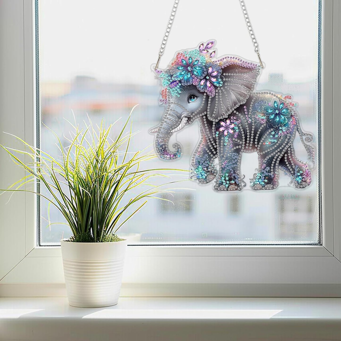 SENQAO Elephant Diamond Art Hanging Kit for Adult, Special Shaped Rhinestone, Double Sided DIY Acrylic Diamond Art Painting Window Pendants Home Garden Wall Hanging Kits Hanging Ornament