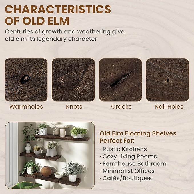 30" Floating Shelves, Live Edge Solid Elm Wood Floating Shelf, Wall Mounted Display Shelves with Heavy-Duty Bracket for Books, Rustic Wooden Shelf for Kitchen, Bathroom, Walnut Color, Set of 2