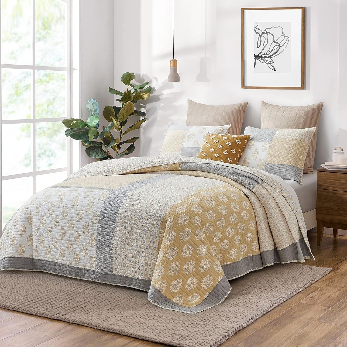 PANGUSHAN Twin Quilt Set,100% Cotton Patchwork Quilt Set Bedspread,Yellow Floral Quilt Bedding Set for Twin Bed,Gray(Grey)/Yellow/White Reversible Lightweight Comforter Bed Spread,2 Pieces