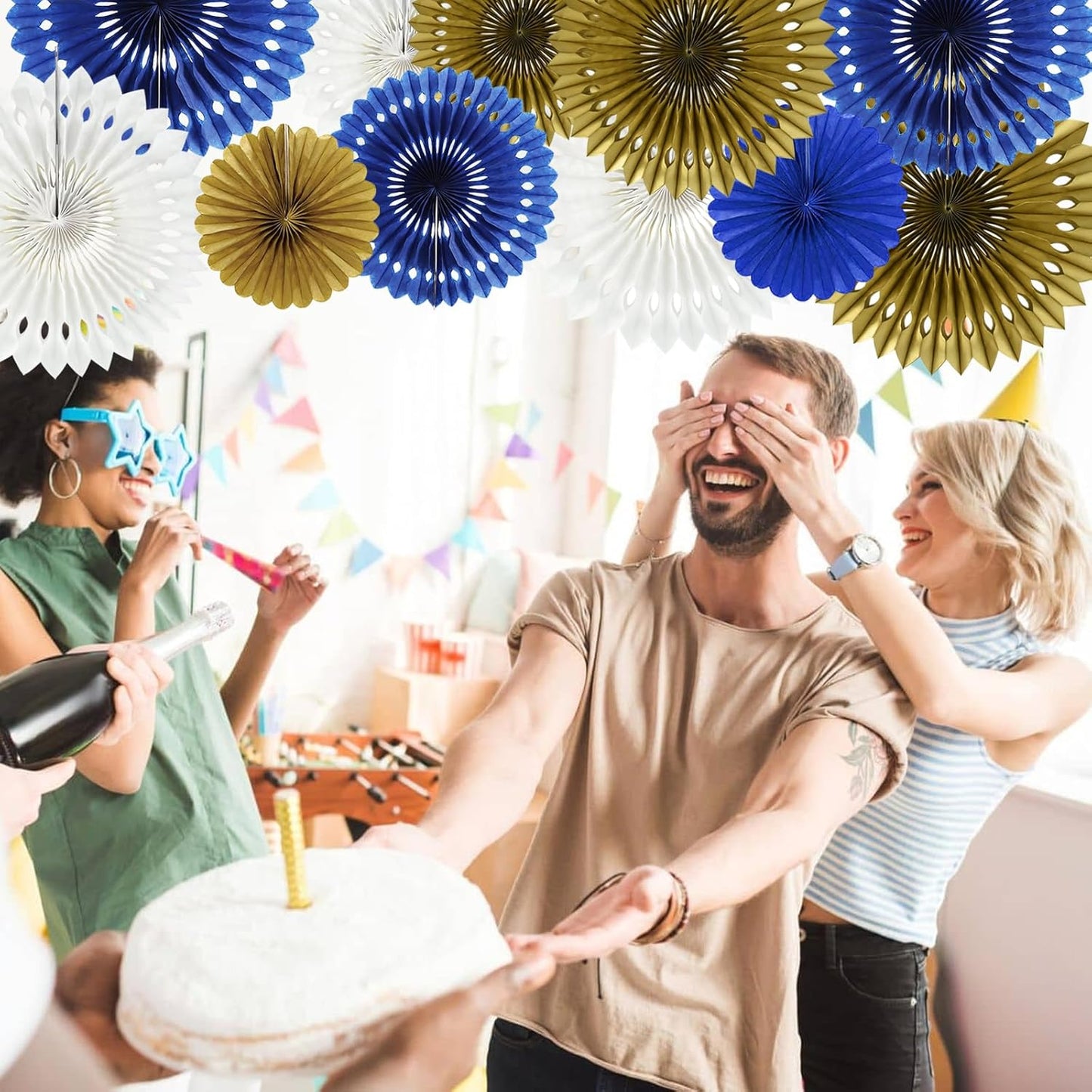 BEISHIDA Blue Gold White Hanging Honeycomb Round Paper Fans Decoration Set for New Year Baby Shower Birthday Wedding Bachelorette Photo Booth Backdrops Anniversary Paper Party Supplies（11packs）