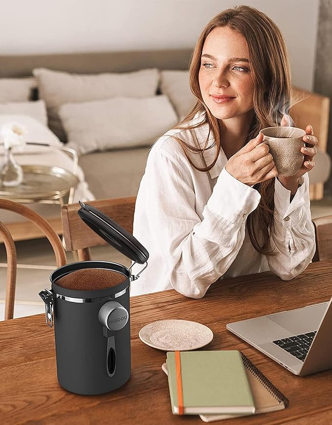 HAIOOU Airtight Coffee Canister Wood Grain [New Version], 22OZ Large Stainless Steel Coffee Bean Storage Container with Date Tracker, Measuring Scoop, CO2 Releasing Valves - Walnut and Gray